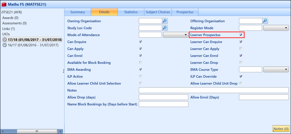 Learner Prospectus check box